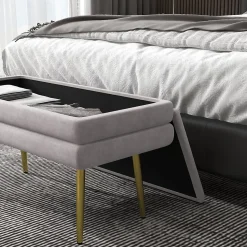Banquette coffre de rangement 2 en 1 piètement effilé incliné acier doré velours taupe
