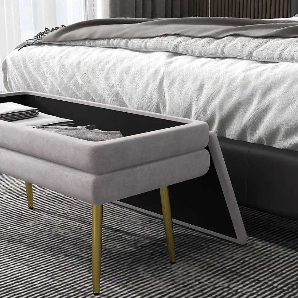 Banquette coffre de rangement 2 en 1 piètement effilé incliné acier doré velours taupe