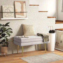 Banquette coffre de rangement 2 en 1 piètement effilé incliné acier doré velours taupe