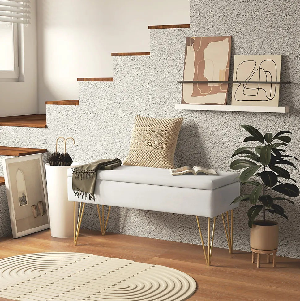 Banquette coffre de rangement 2 en 1 design art déco - piètement épingle acier doré tissu crème