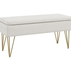 Banquette coffre de rangement 2 en 1 design art déco - piètement épingle acier doré tissu crème