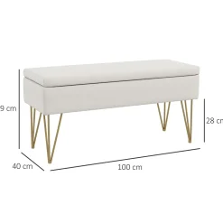 Banquette coffre de rangement 2 en 1 design art déco - piètement épingle acier doré tissu crème
