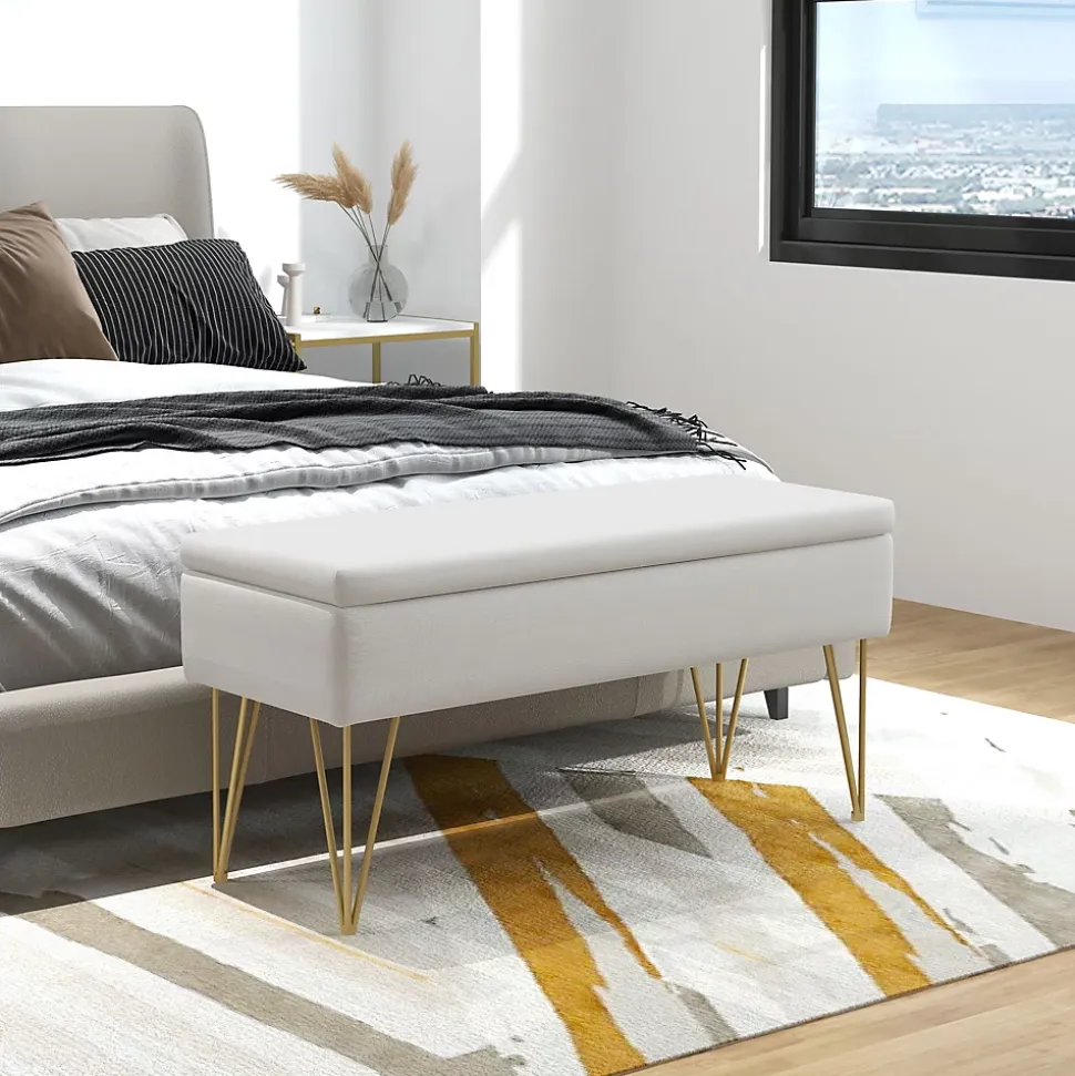 Banquette coffre de rangement 2 en 1 design art déco - piètement épingle acier doré tissu crème