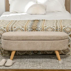 Banquette coffre de rangement 2 en 1 design scandinave dim. 110L x 40l x 43H cm cm piètement bois velours beige