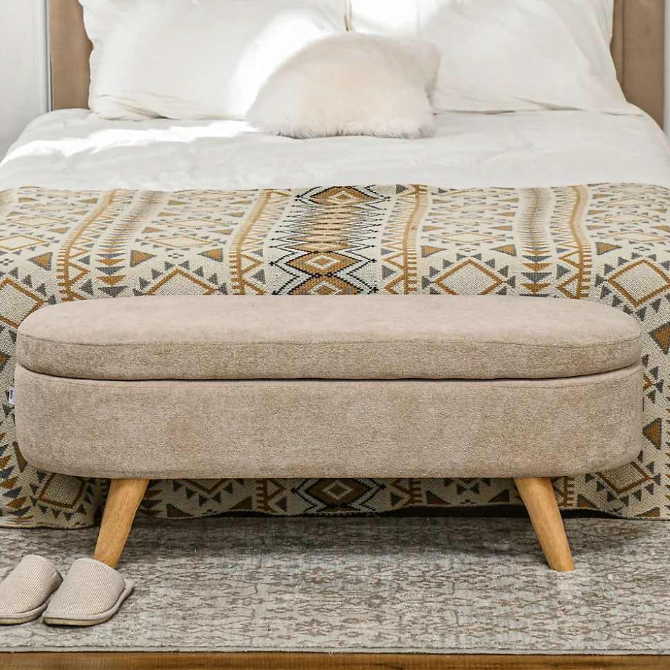 Banquette coffre de rangement 2 en 1 design scandinave dim. 110L x 40l x 43H cm cm piètement bois velours beige