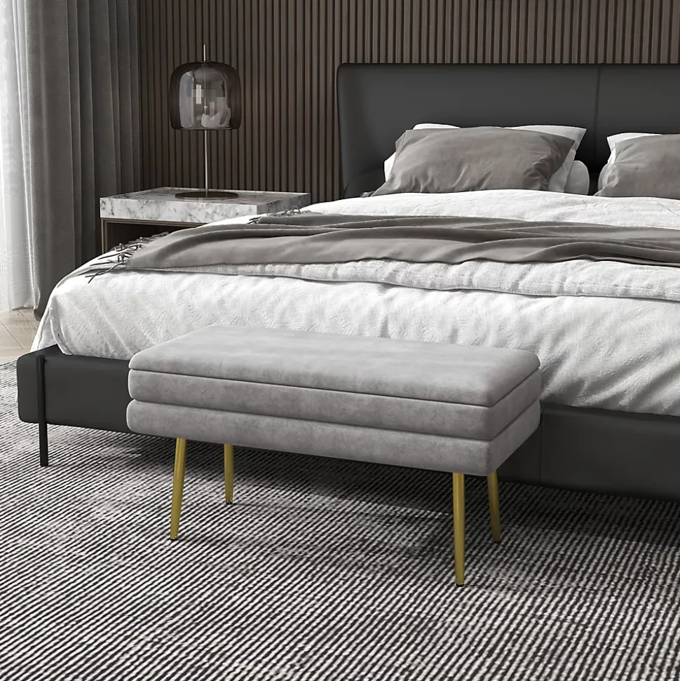 Banquette coffre de rangement 2 en 1 piètement effilé incliné acier doré velours gris clair