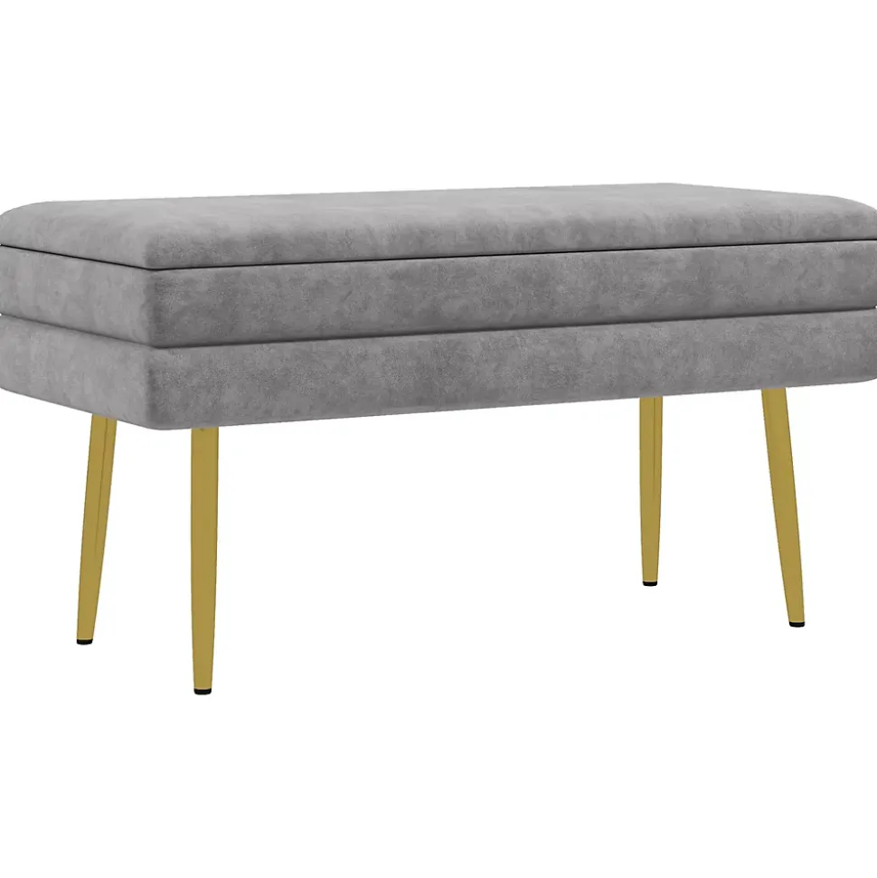 Banquette coffre de rangement 2 en 1 piètement effilé incliné acier doré velours gris clair