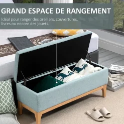 Banquette coffre de rangement 2 en 1 style scandinave dim. 110L x 39l x 45H cm tissu vert d'eau