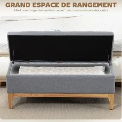Banquette coffre de rangement 2 en 1 style scandinave dim. 110L x 39l x 45H cm tissu gris