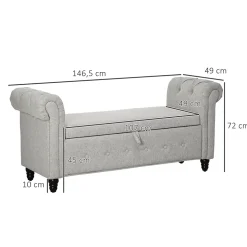 Banquette coffre de rangement 2 en 1 design Chesterfield accoudoirs courbés capitonnés piètement bois noir aspect lin gris