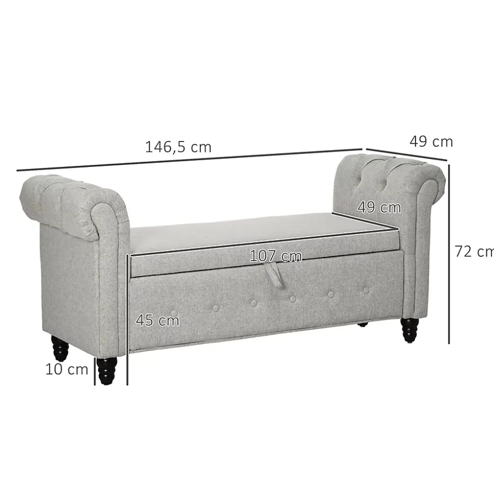 Banquette coffre de rangement 2 en 1 design Chesterfield accoudoirs courbés capitonnés piètement bois noir aspect lin gris