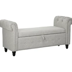 Banquette coffre de rangement 2 en 1 design Chesterfield accoudoirs courbés capitonnés piètement bois noir aspect lin gris
