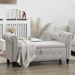 Banquette coffre de rangement 2 en 1 design Chesterfield accoudoirs courbés capitonnés piètement bois noir aspect lin gris