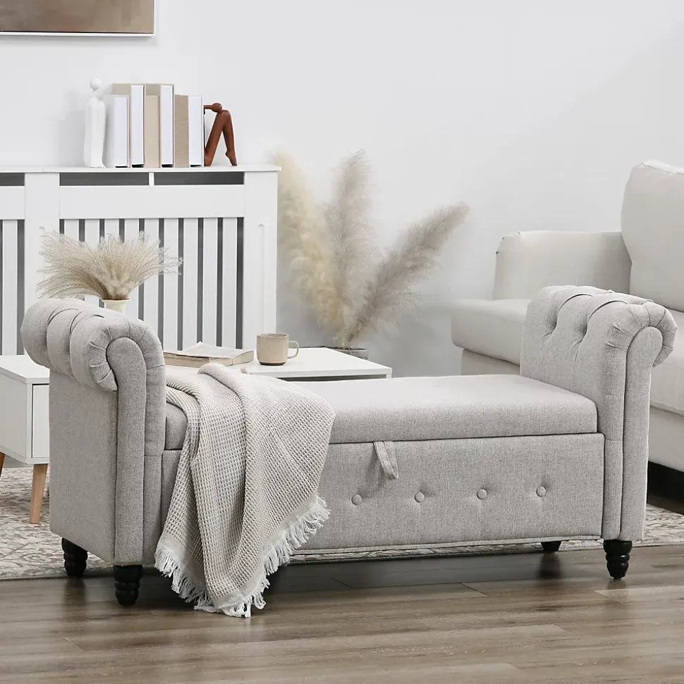 Banquette coffre de rangement 2 en 1 design Chesterfield accoudoirs courbés capitonnés piètement bois noir aspect lin gris