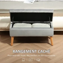 Banquette coffre design scandinave piètement effilé bois assise effet capitonné velours gris