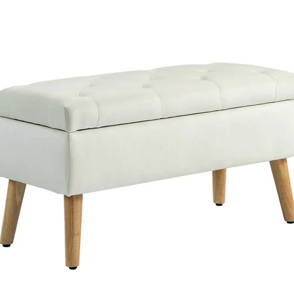 Banquette coffre design scandinave piètement effilé bois assise effet capitonné velours crème
