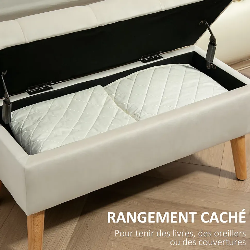 Banquette coffre design scandinave piètement effilé bois assise effet capitonné velours crème