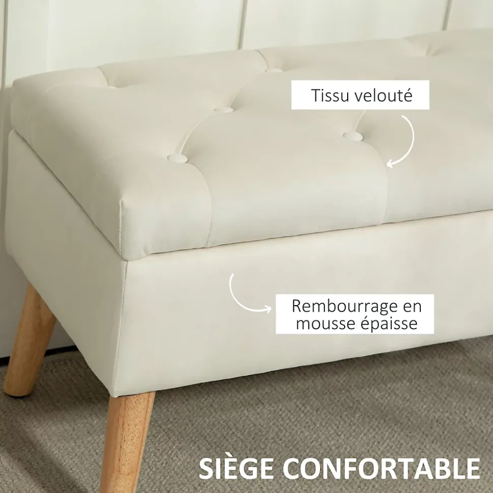 Banquette coffre design scandinave piètement effilé bois assise effet capitonné velours crème