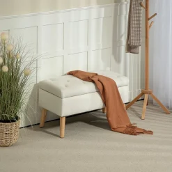 Banquette coffre design scandinave piètement effilé bois assise effet capitonné velours crème