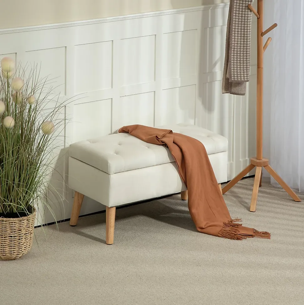 Banquette coffre design scandinave piètement effilé bois assise effet capitonné velours crème