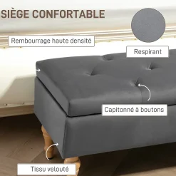 Banquette coffre style baroque - piètement bois assise effet capitonné velours gris