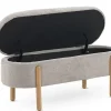 Banquette coffre tapissée en boucle grise avec structure et pieds en pin