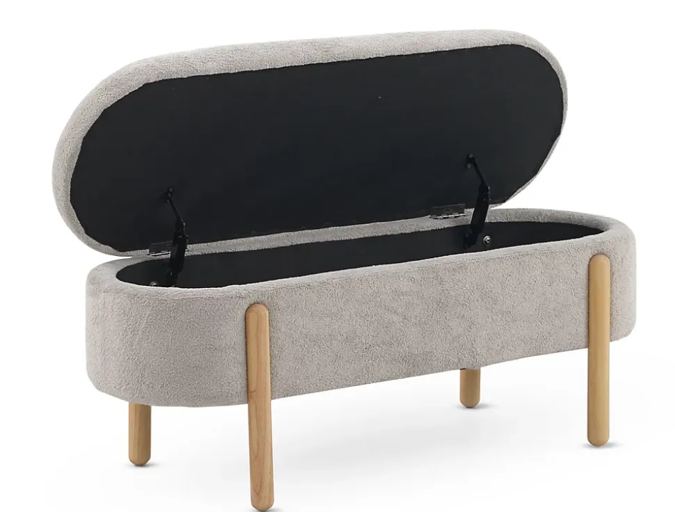Banquette coffre tapissée en boucle grise avec structure et pieds en pin