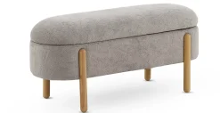 Banquette coffre tapissée en boucle grise avec structure et pieds en pin
