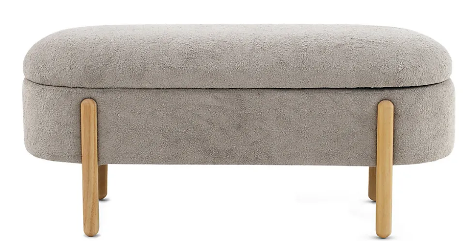 Banquette coffre tapissée en boucle grise avec structure et pieds en pin