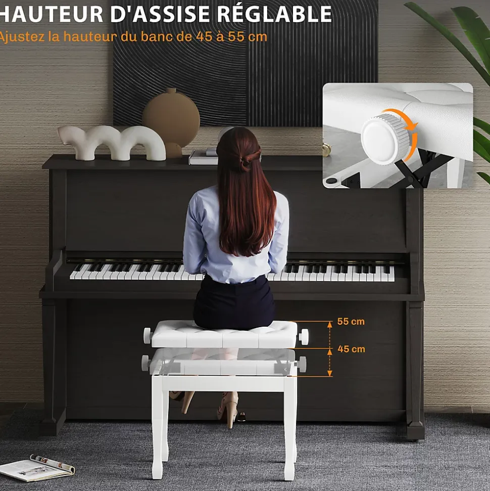 Banquette piano tabouret siege hauteur reglable blanc bois revêtement synthétique