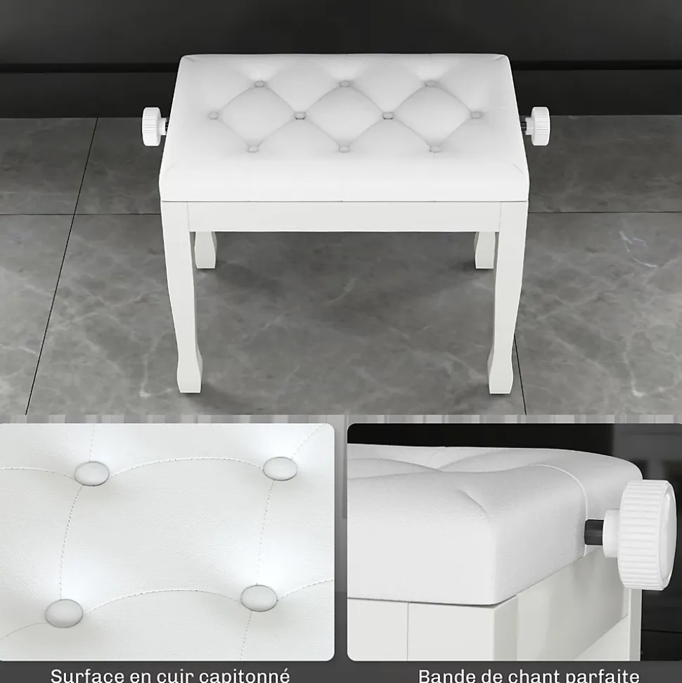 Banquette piano tabouret siege hauteur reglable blanc bois revêtement synthétique