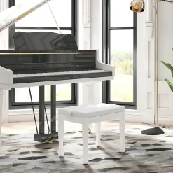 Banquette piano tabouret siege hauteur reglable blanc bois revêtement synthétique