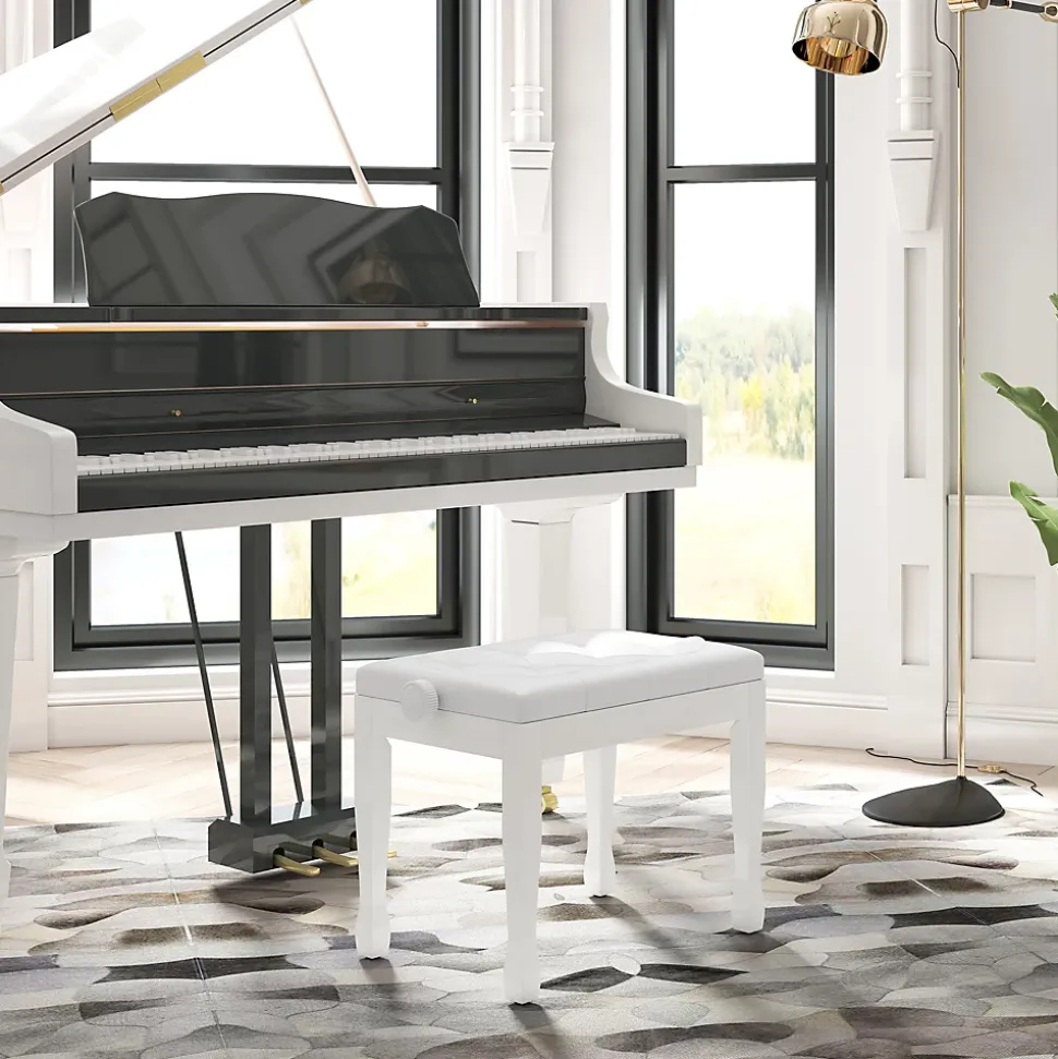 Banquette piano tabouret siege hauteur reglable blanc bois revêtement synthétique