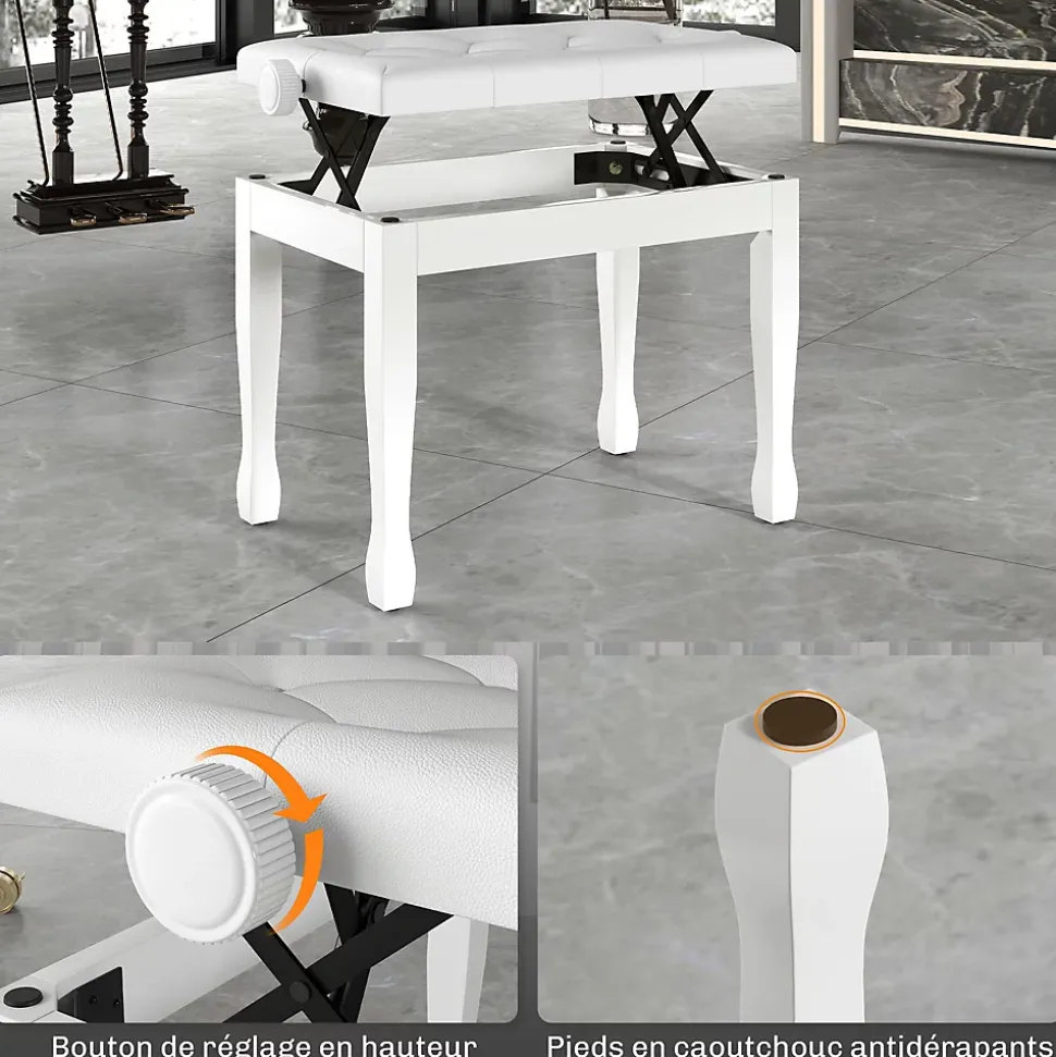 Banquette piano tabouret siege hauteur reglable blanc bois revêtement synthétique