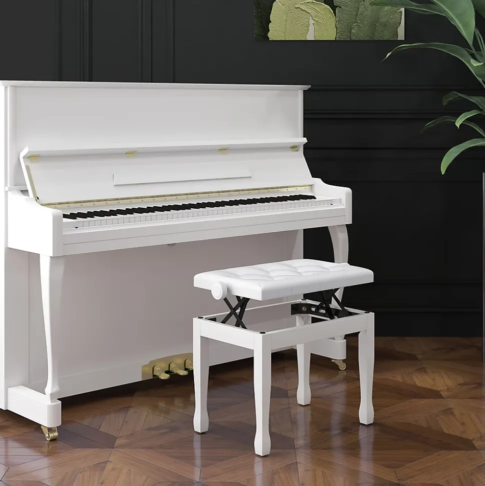 Banquette piano tabouret siege hauteur reglable blanc bois revêtement synthétique