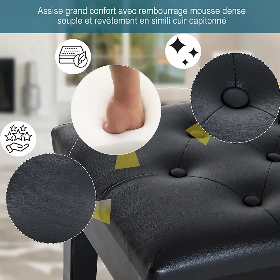 Banquette tabouret siège pour piano avec coffre de rangement pied bois caoutchouc assise capitonnée revêtement synthétique noir