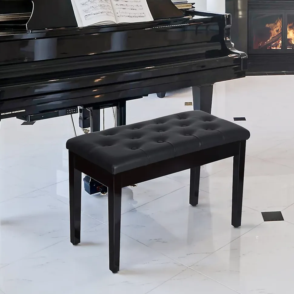 Banquette tabouret siège pour piano avec coffre de rangement pied bois caoutchouc assise capitonnée revêtement synthétique noir