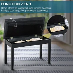Banquette tabouret siège pour piano avec coffre de rangement pied bois caoutchouc assise capitonnée revêtement synthétique noir