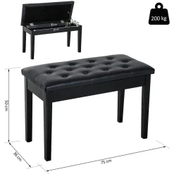 Banquette tabouret siège pour piano avec coffre de rangement pied bois caoutchouc assise capitonnée revêtement synthétique noir