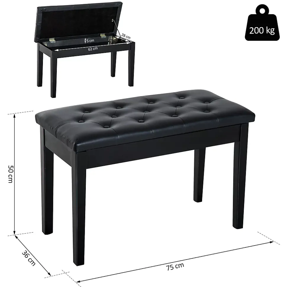Banquette tabouret siège pour piano avec coffre de rangement pied bois caoutchouc assise capitonnée revêtement synthétique noir