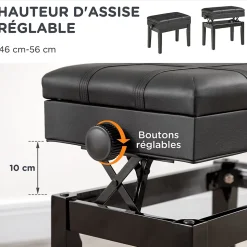 Banquette tabouret siège pour piano coffre intégré hauteur réglable bois hévéa assise revêtement synthétique noir