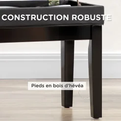 Banquette tabouret siège pour piano coffre intégré hauteur réglable bois hévéa assise revêtement synthétique noir