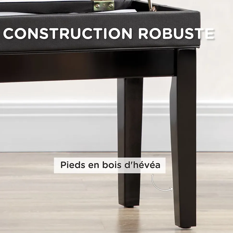 Banquette tabouret siège pour piano coffre intégré hauteur réglable bois hévéa assise revêtement synthétique noir