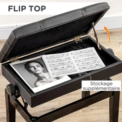Banquette tabouret siège pour piano coffre intégré hauteur réglable bois hévéa assise revêtement synthétique noir