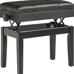 Banquette tabouret siège pour piano coffre intégré hauteur réglable bois hévéa assise revêtement synthétique noir