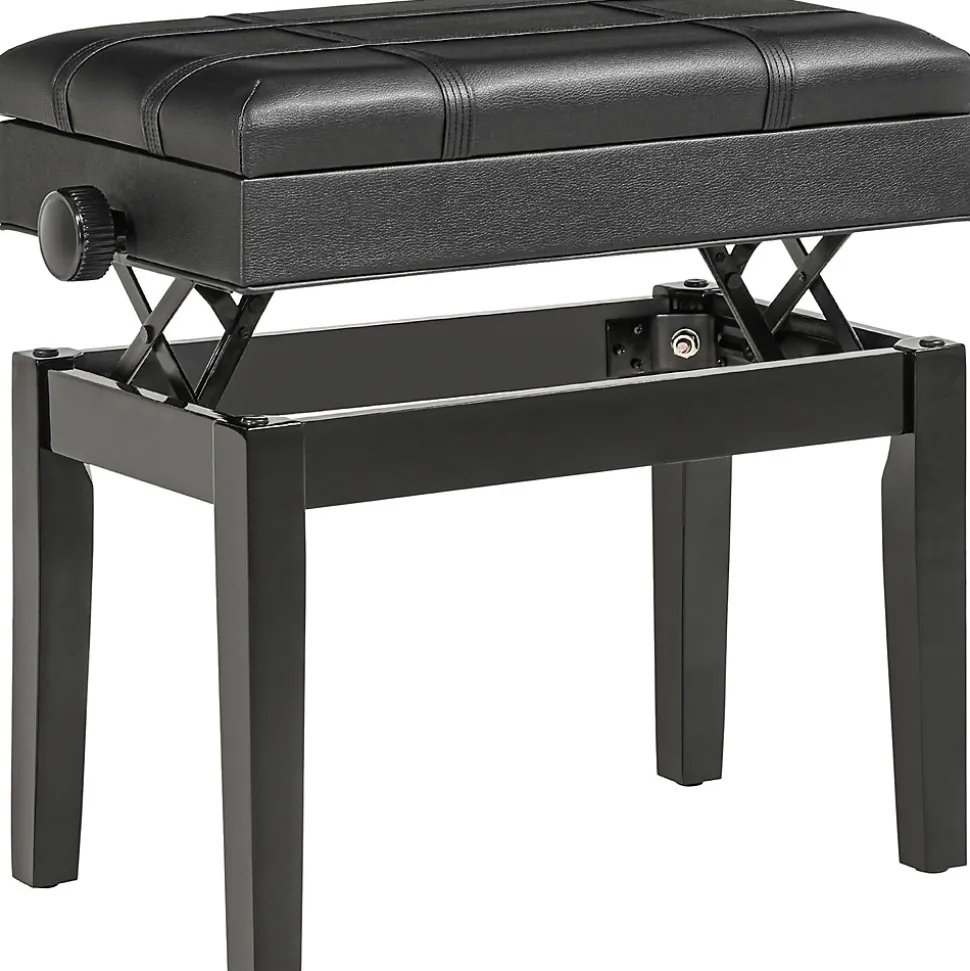 Banquette tabouret siège pour piano coffre intégré hauteur réglable bois hévéa assise revêtement synthétique noir