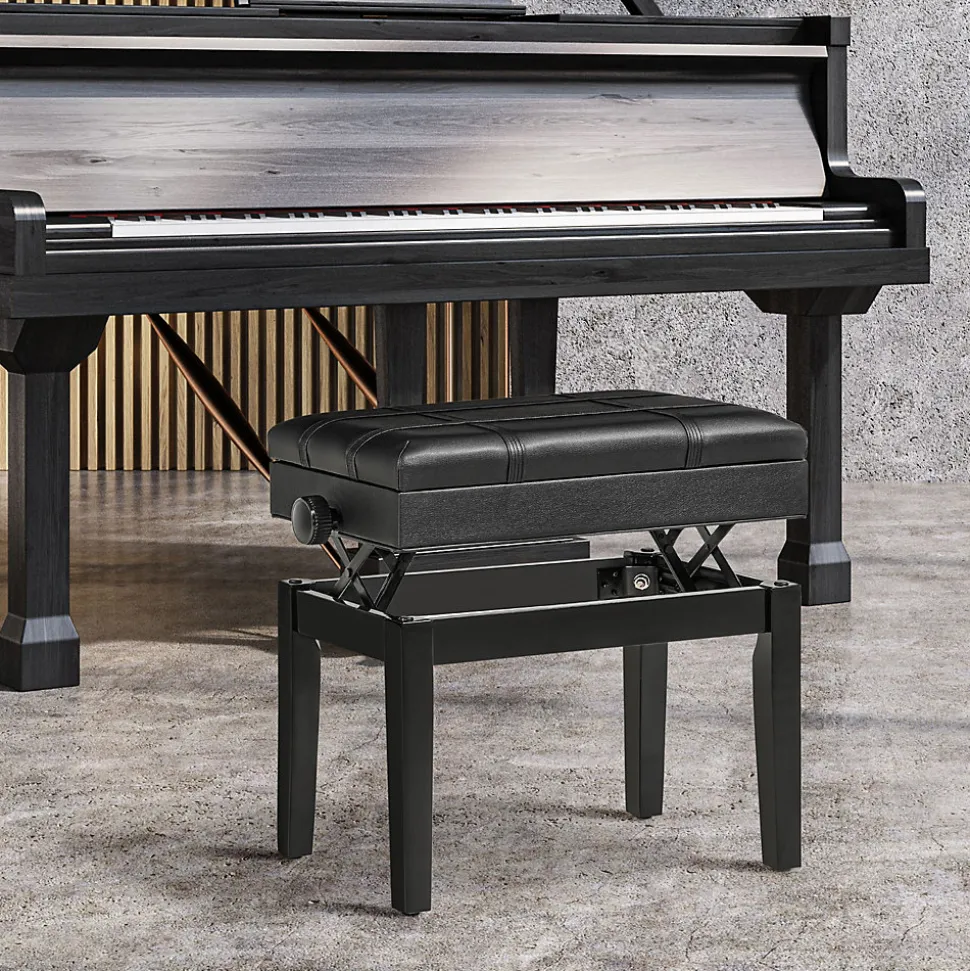 Banquette tabouret siège pour piano coffre intégré hauteur réglable bois hévéa assise revêtement synthétique noir