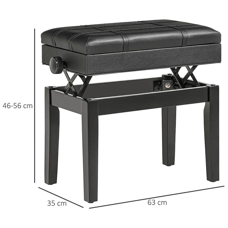 Banquette tabouret siège pour piano coffre intégré hauteur réglable bois hévéa assise revêtement synthétique noir