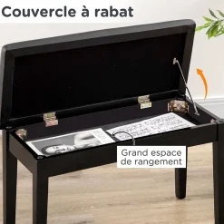 Banquette tabouret siège pour piano avec coffre de rangement pied bois hévéa revêtement synthétique noir