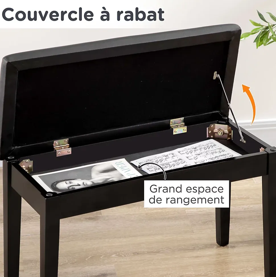 Banquette tabouret siège pour piano avec coffre de rangement pied bois hévéa revêtement synthétique noir